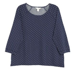 CJ Banks Plus Size 2X Navy Blue White Polka Dot 3/4th Sleeve pullover top